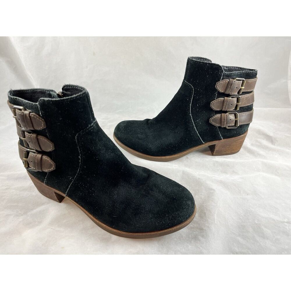 Ugg Volta Black Suede Ankle Booties Buckle Accents Stacked Heels US Size 6
